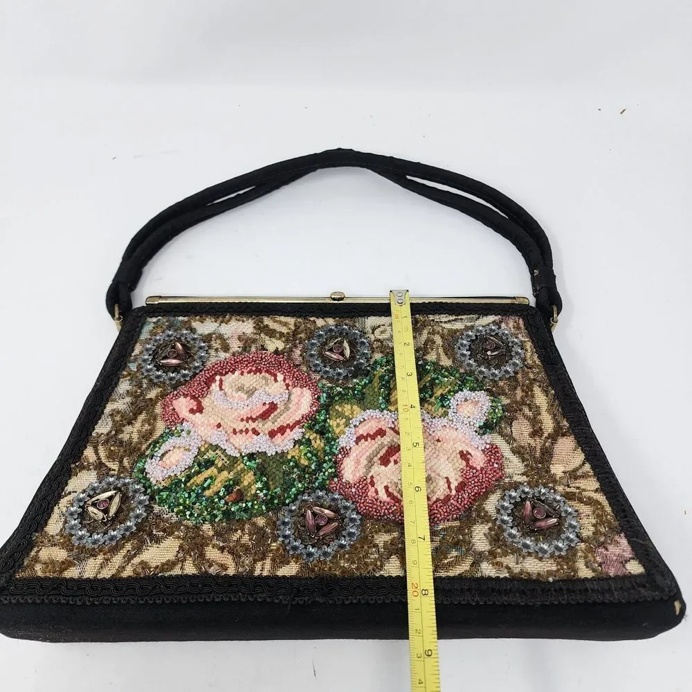 Vintage Embroidered Purse Black Needlepoint Beaded Multi‎ Floral Handbag